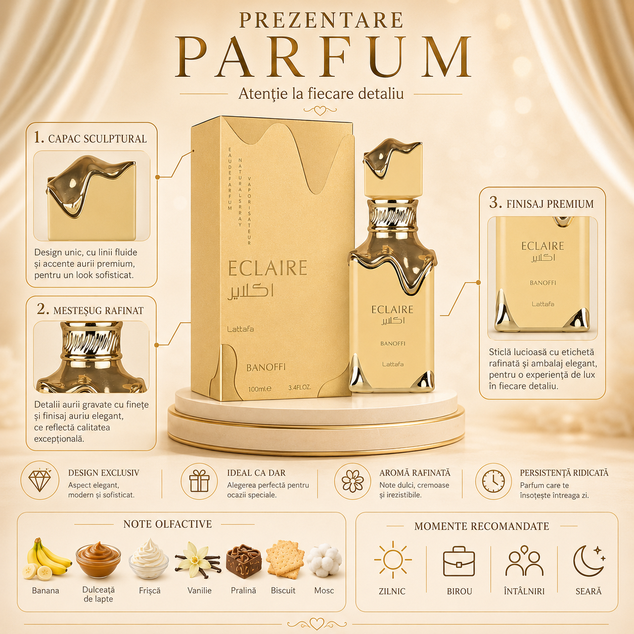 Parfum arabesc Lattafa Eclaire Banoffi EDP 100 ml unisex damă și bărbat, flacon auriu și ambalaj premium